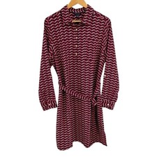 Tommy Hilfiger Womens Large Shirt Dress Geometric Belted Roll Tab Sleeve Red NEW