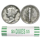 SILVER MERCURY DIMES, 90% SILVER, ROLL OF 50 COINS