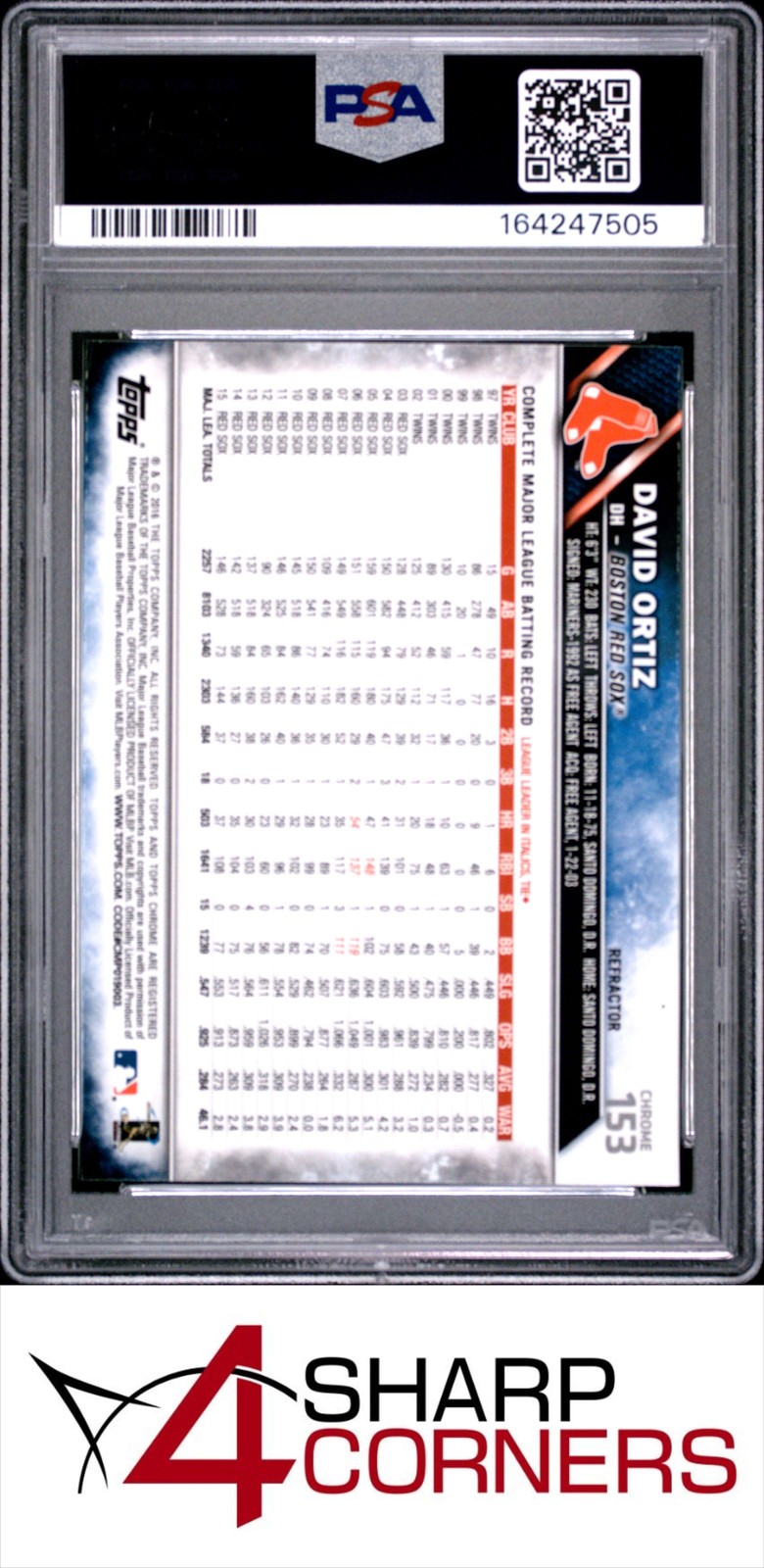 2016 TOPPS CHROME REFRACTOR #153 DAVID ORTIZ RED SOX HOF PSA 10 view 2