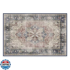 RUGGABLE Washable Vintage Area Rug – Kamran Royal Blue 2x3, Stain-Resistant, 