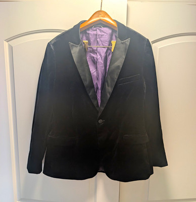 Mark of Distinction Mens 44R Slim Black Velvet Tuxedo Jacket Shawl Purple Lining