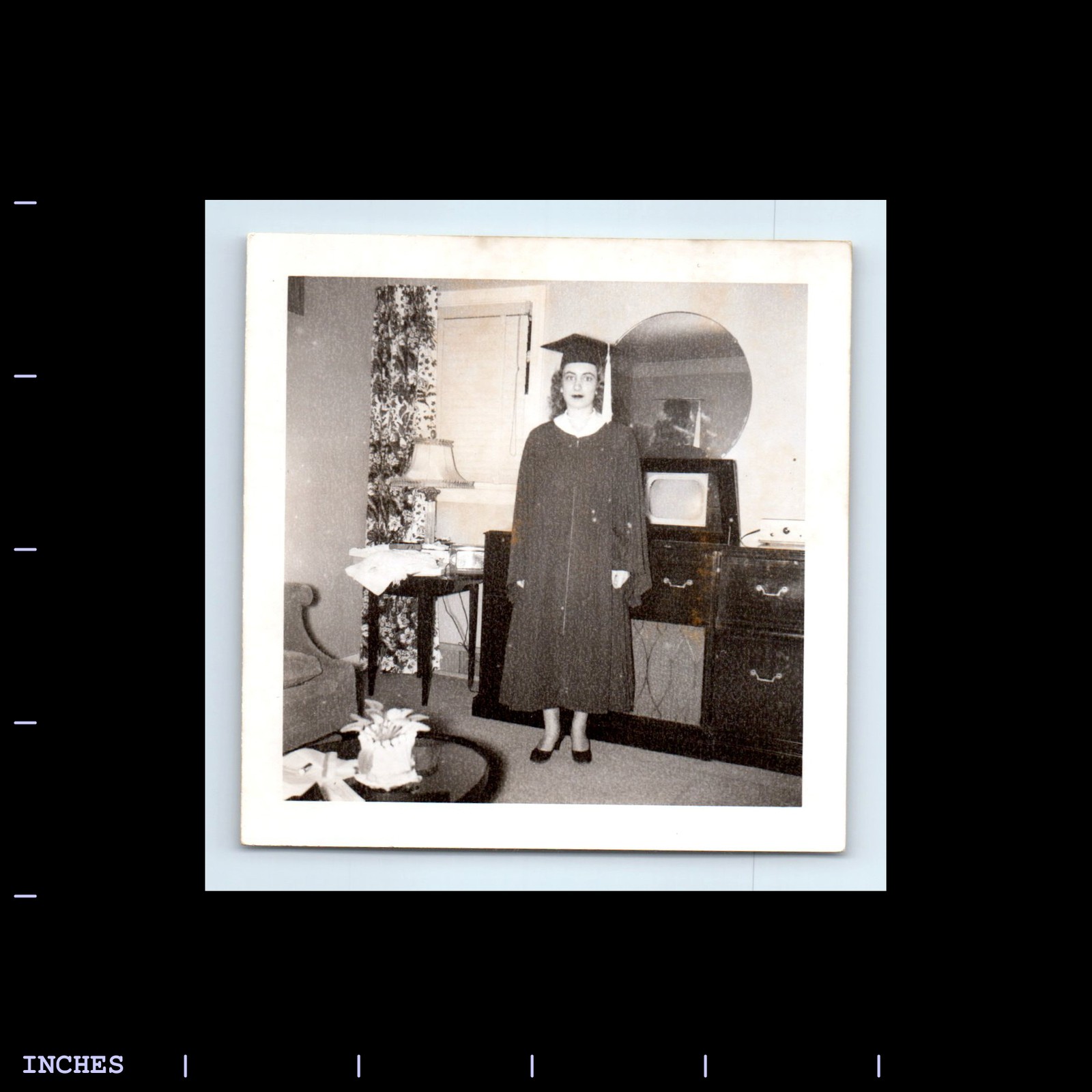 Vintage Square Photo of Woman in Graduation Cap and Gown with TV Reflection