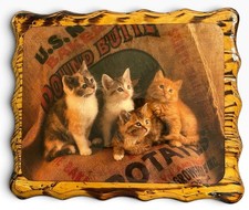 Ancienne décoration murale en bois laquard chatons chats art maison