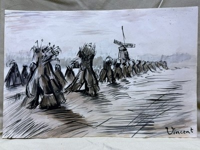 VINCENT VAN GOGH drawing and painting on old paper signed stamped vintage