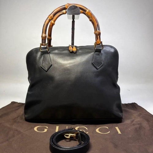 GUCCI Bamboo 2Way Handbag Navy Leather Large