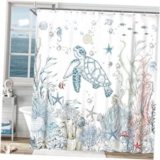 Nautical Coastal Shower Curtain, Funny Kids Sea Turtle Seashell Light Blue
