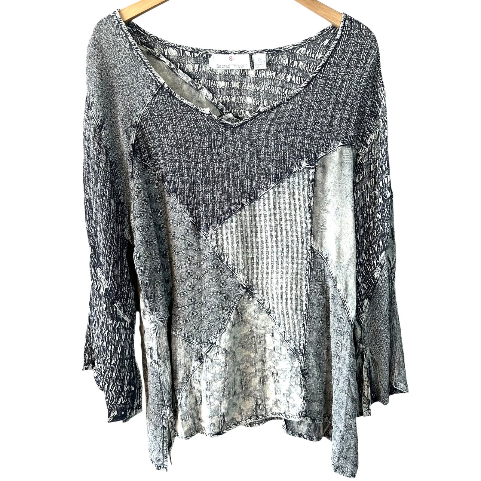 Sacred Threads Patchwork Textured Top Gray Mixed … - image 2