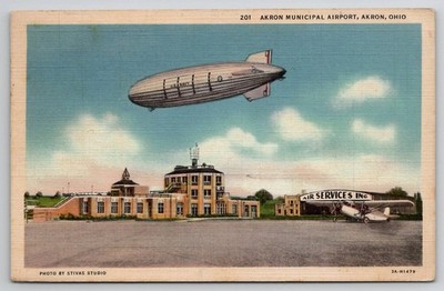 1937 Akron Airport OH US Navy Airship Blimp Plane Stivas Studio Postcard