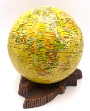 Paper Mache World Globe With Wooden Stand Earth Tones 4"