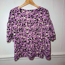 TU Womens Top Purple Size UK 14 Lilac Leopard Print Smock Dopamine White Animal