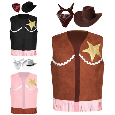 Generisch 2025 - Garçons Filles Occidentaux Cowboy Cowgirl Tenues Ouvert Avant Franges Gilet Fête Robe Up Pompon Franges Taille Manteau Tops Costume Sac à Dos Enfant Garçon, Rose, 7-8 Ans