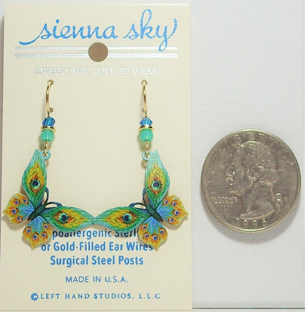 Sienna Sky Peacock Feather Butterfly Green & Yellow Pierced Earrings Made in USA - Image 3 of 4