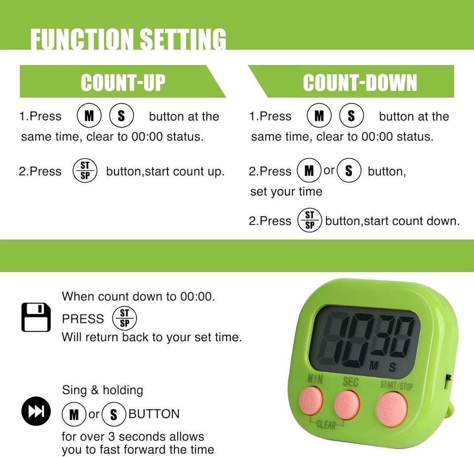 Large LCD Digital Kitchen Cooking Timer Count Down Up Clock Loud Alarm Magnetic - Image 3 of 4