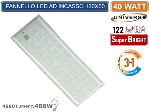 PANNELLO SMD LED SLIM RETTANGOLARE 120x30 40W 4880 LUMEN CCT 3000K-4000K-6500K - Foto 2 di 4