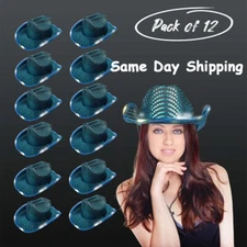 LED Light Up Flashing Sequin Teal Cowboy Hat - Pack of 12 Hats By Party Glowz