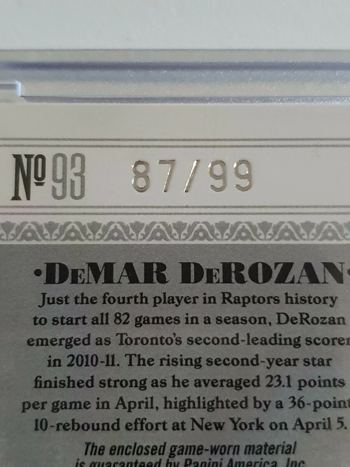 2011 National Treasures DeMar DeRozan #НАШИВКА /99 Игровой Ношенный Джерсет - Редкий - Изображение 2 из 3