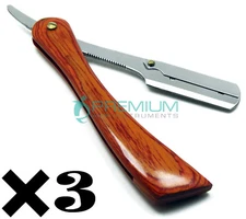 3× Polished Fine Wooden Handle Straight Shaving Barber Razors (Limited Edition) 