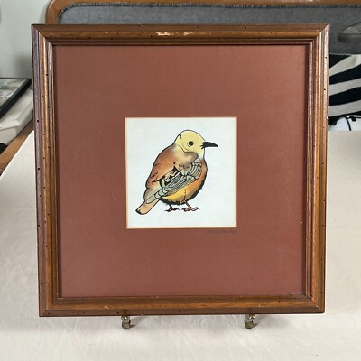 Vintage DIANE TUNKEL Framed & Matted Watercolor On Fabric BIRD Painting