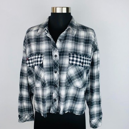 Black Gray White Plaid Flannel Crop Top 