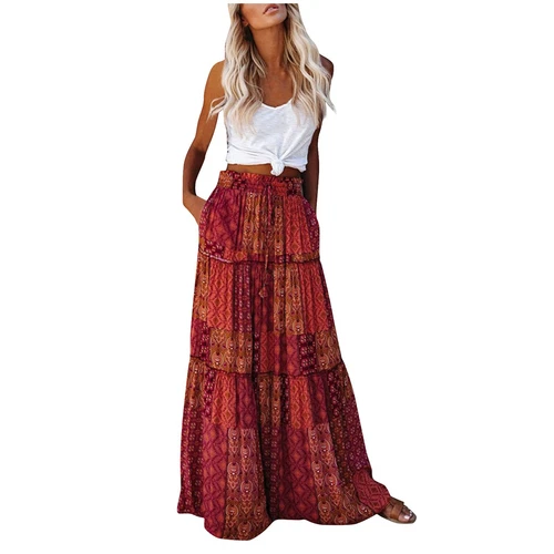 Bohemian Rock Patchwork Langrock Boho Ethno Print Maxi Retro A-Linie Plissee - Bild 24 von 40