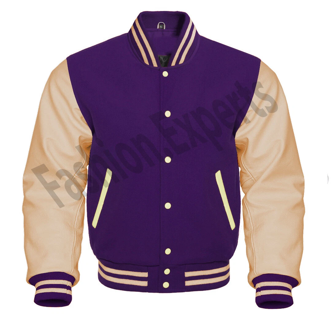 Varsity Letterman Baseball Bomber Jacket Purple Wool and Cream