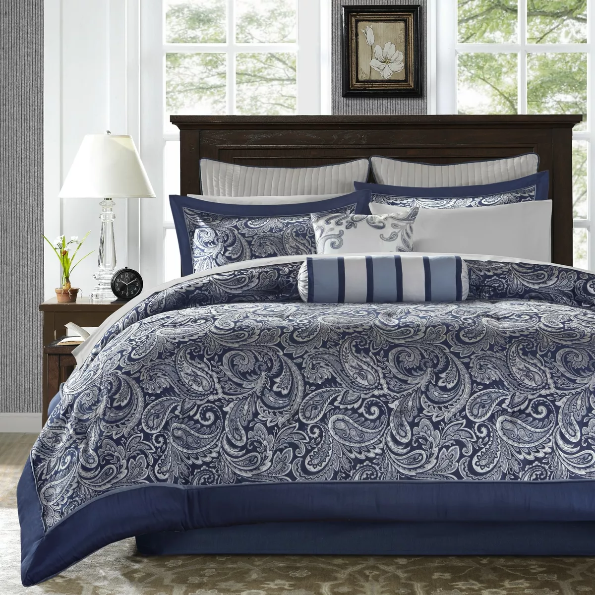 Queen Cal King Bed Bag Navy Blue Silver Paisley 12pc Comforter