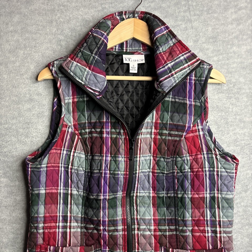 Quilted Vest S Plaid Retro 90s Chore Pockets Full Zip Madras Gorpcore