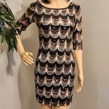 CRYSTAL DOLL Scalloped Sequin Black Gold Mini Party Cocktail Dress Size Small