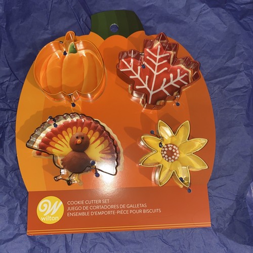 Wilton Colorful Metal Autumn 4 Cookie Cutters Fall Turkey Leaf Sunflower Pumpkin - 第 1/2 張圖片