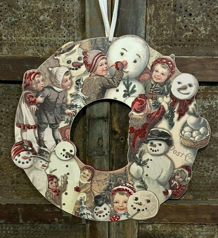 Postcard Snowman & Children Vintage Retro Style Wood Christmas Wreath Front Door