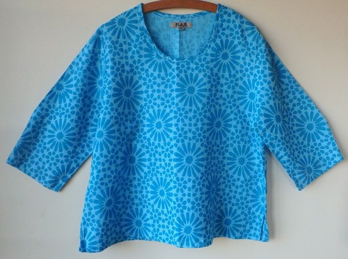 FLAX Designs Linen Shirt S & M & L NWT 3/4 Sleeve Pullover AQUA PRINT - 第 5/9 張圖片