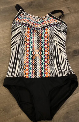 Jantzen Black/wh/color One Piece Swimsuit Built in Bra Convertible Straps Size 8