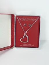 Heart Pendant Crystal Rhinestone Necklace Earrings Set Silver Tone USA Seller