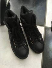 NIB 100 AUTH Chanel Black Quilted Leather Lace Up Sneakers Shoes Sz 35