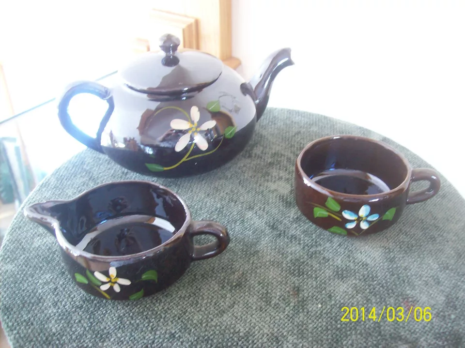  Teapot Vtg Stackable Floral Blue & Cream Brown Pottery Ceramic Made In Japan  - Image 4 of 4