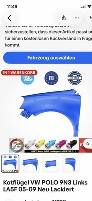 Kotflügel für VW POLO 9N LA5F links  Blau 01 - 05 Vorderseite lackiert neu
