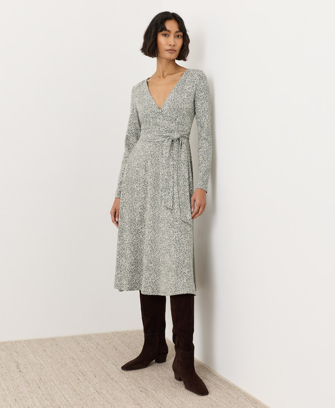 PACT Organic Fit & Flare Wrap Dress, Water's Edge Wildflowers Castor Green (New)