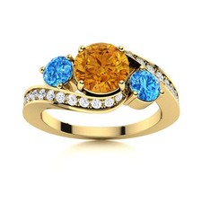 Round Citrine  Swiss Blue Topaz 925 Silver Gold Plated Three Stone Women Ring