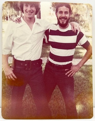 1970s Two Young Men Casual Swagger Striped Tee Laughing Pals Gay Int Vtg Photo
