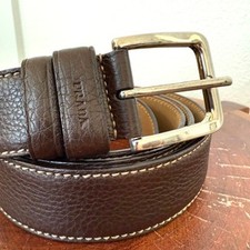PRADA Pebbled Leather Belt Brown White Stitching Silver Buckle 115/46 Italy
