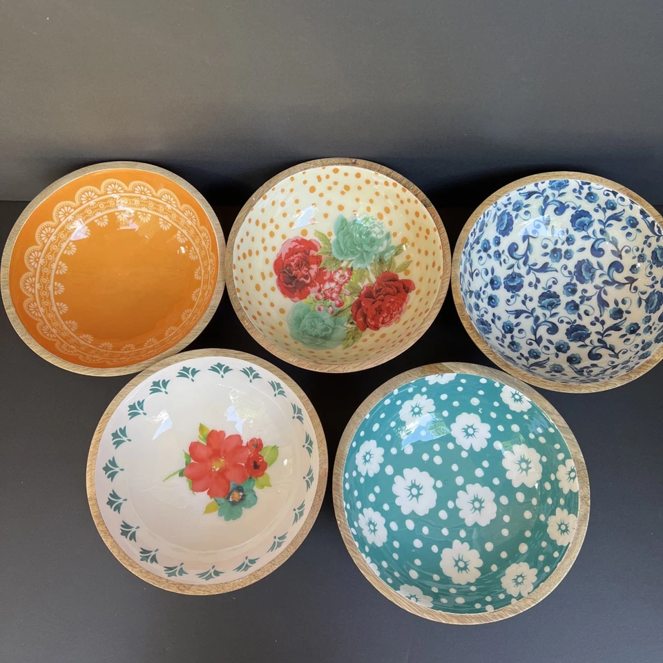 The Pioneer Woman Mango Wood Floral Salad Bowls 7" India 2019 Set Of 5 RETIRED - Image 2 of 4