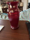 FENTON Ruby Red Hand Painted Adams Rib Glass Vase 9 ¾” Mint Signed, Label