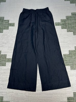 Evereve Sophia Linen Pants Womens Medium Black High Rise Wide Leg Elastic Waist