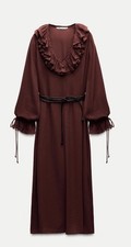 Zara Burgundy Midi Dress Size M Long Ruffle Sleeves Faux Leather Belt 2678/250