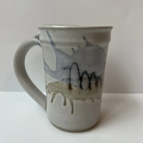 Vintage Studio Art Pottery Coffee Tea Mug Cup SIGNED White Beige & Blue 10 oz