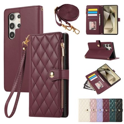 Strap Zip Grid Leather Wallet Phone Case For Redmi Note 14 13 12 K90 K80 A5 A3