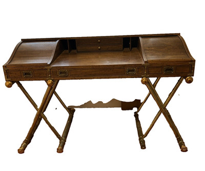 Vintage 70s Drexel Faux Base Campaign Style Tambour Roll Top Desk