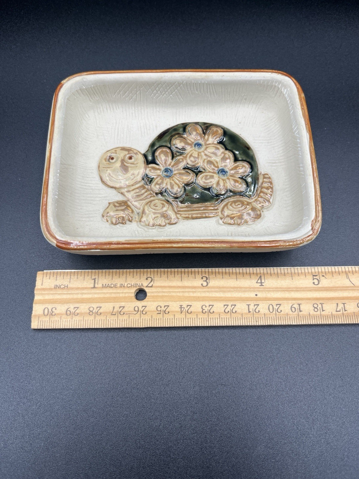 Vintage Takahashi Pottery Turtle Trinket/Soap Dish Flowers Rectangle MCM