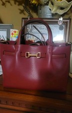 Burgundy Pebbled Satchel Top Handle Bag Gold Hardware Buckle Accent w/ Strap