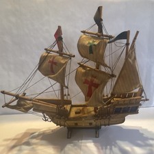 Wooden Model Ship with Cross Sails and Display Stand